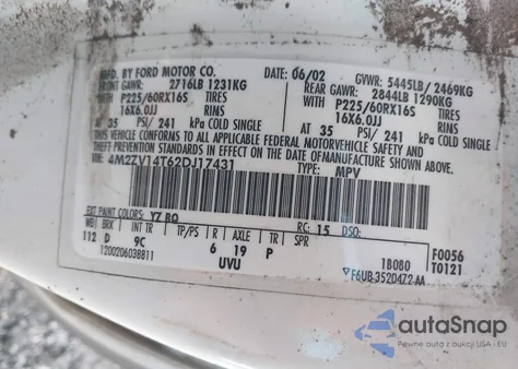 2002 Mercury Villager Estate из США, поврежденный, VIN 4M2ZV14T62DJ17431